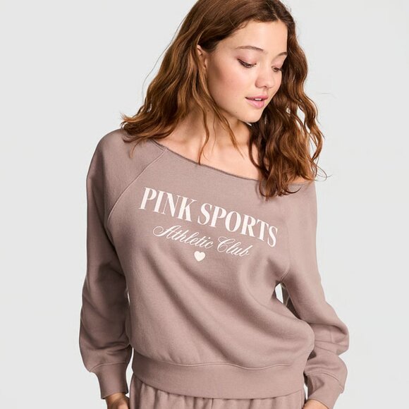 Victoria's Secret PINK Ivy Fleece Off-the-Shoulder Sweater Iced Coffee M SOLDOUT - Picture 2 of 7